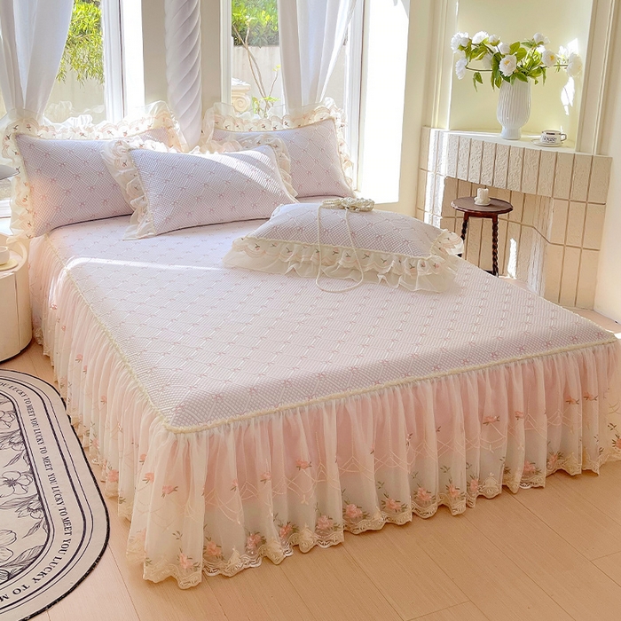 91家纺网 家纺一手货源 找家纺 罗艺轩 2025新款PE中分子凉感软凉席席子床裙款 蝴蝶结-少女粉