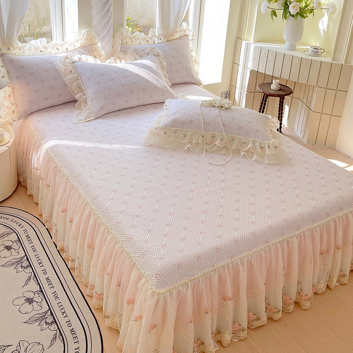 91家纺网 家纺一手货源 找家纺 罗艺轩 2025新款PE中分子凉感软凉席席子床裙款 蝴蝶结-少女粉