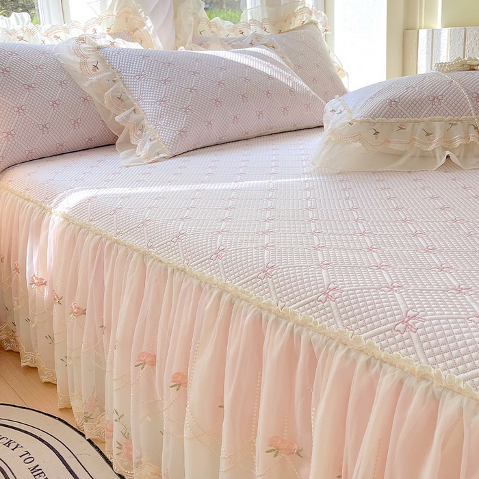 91家纺网 家纺一手货源 找家纺 罗艺轩 2025新款PE中分子凉感软凉席席子床裙款 蝴蝶结-少女粉