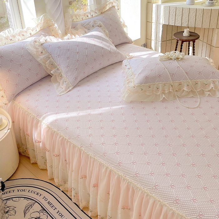 91家纺网 家纺一手货源 找家纺 罗艺轩 2025新款PE中分子凉感软凉席席子床裙款 蝴蝶结-少女粉