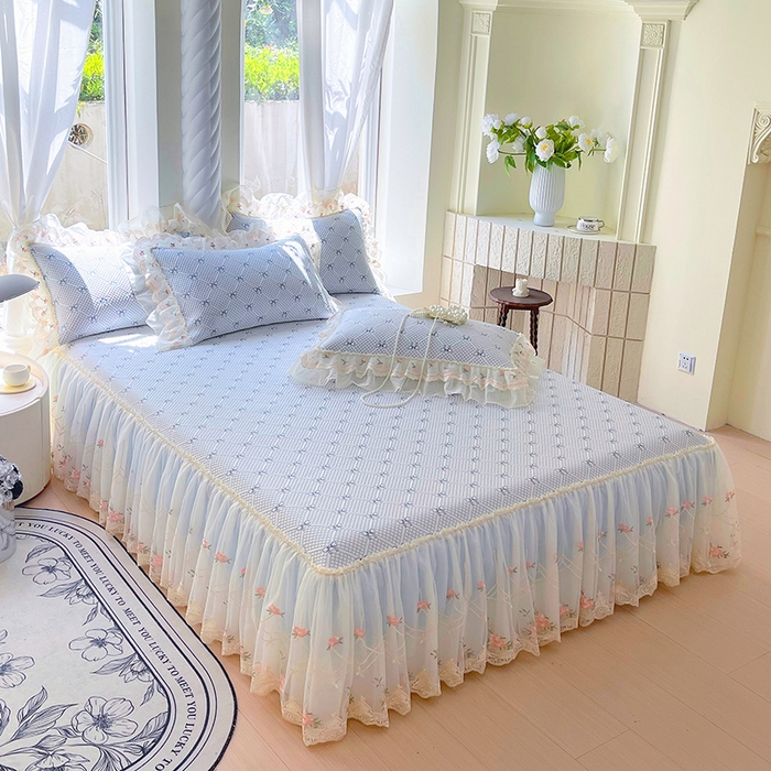 91家纺网 家纺一手货源 找家纺 罗艺轩 2025新款PE中分子凉感软凉席席子床裙款 蝴蝶结-天空蓝