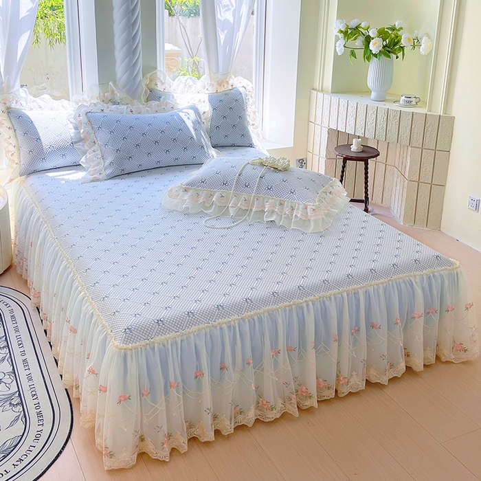 91家纺网 家纺一手货源 找家纺 罗艺轩 2025新款PE中分子凉感软凉席席子床裙款 蝴蝶结-天空蓝