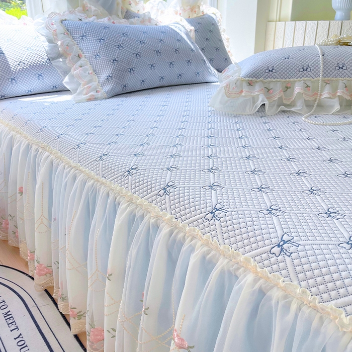 91家纺网 家纺一手货源 找家纺 罗艺轩 2025新款PE中分子凉感软凉席席子床裙款 蝴蝶结-天空蓝
