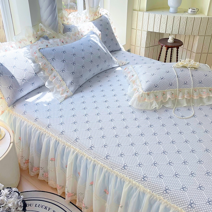 91家纺网 家纺一手货源 找家纺 罗艺轩 2025新款PE中分子凉感软凉席席子床裙款 蝴蝶结-天空蓝