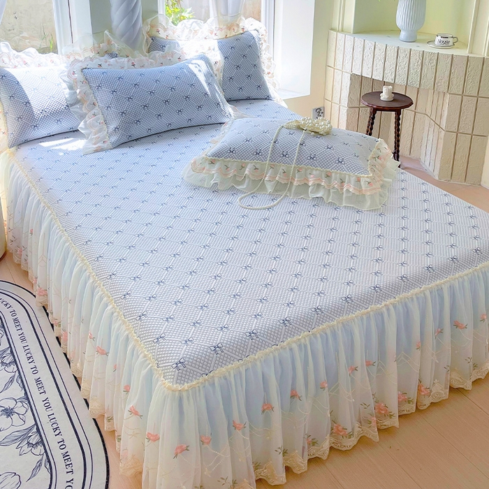 91家纺网 家纺一手货源 找家纺 罗艺轩 2025新款PE中分子凉感软凉席席子床裙款 蝴蝶结-天空蓝