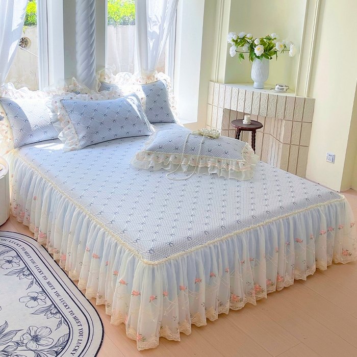 91家纺网 家纺一手货源 找家纺 罗艺轩 2025新款PE中分子凉感软凉席席子床裙款 蝴蝶结-天空蓝