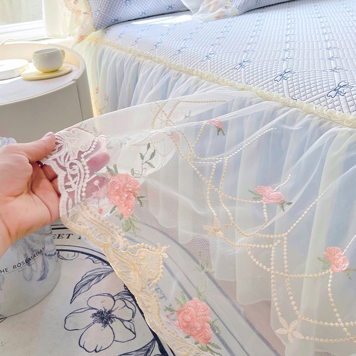 91家纺网 家纺一手货源 找家纺 罗艺轩 2025新款PE中分子凉感软凉席席子床裙款 蝴蝶结-天空蓝