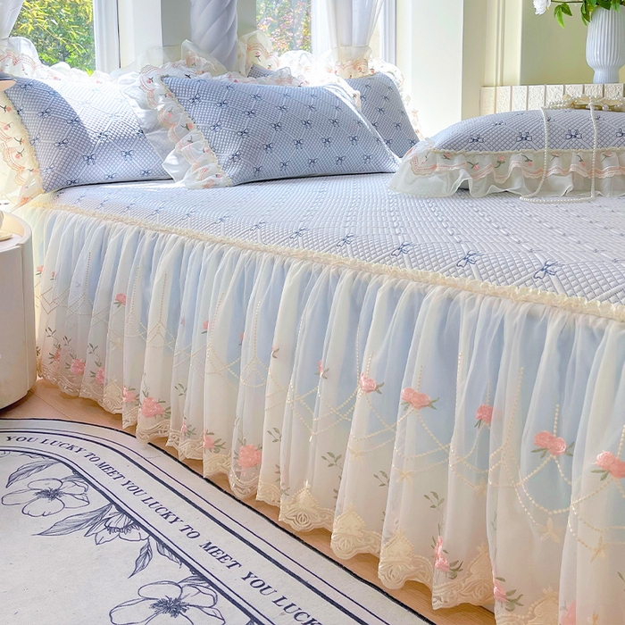 91家纺网 家纺一手货源 找家纺 罗艺轩 2025新款PE中分子凉感软凉席席子床裙款 蝴蝶结-天空蓝