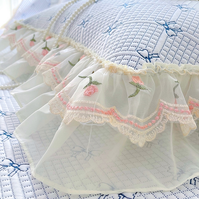 91家纺网 家纺一手货源 找家纺 罗艺轩 2025新款PE中分子凉感软凉席席子床裙款 蝴蝶结-天空蓝