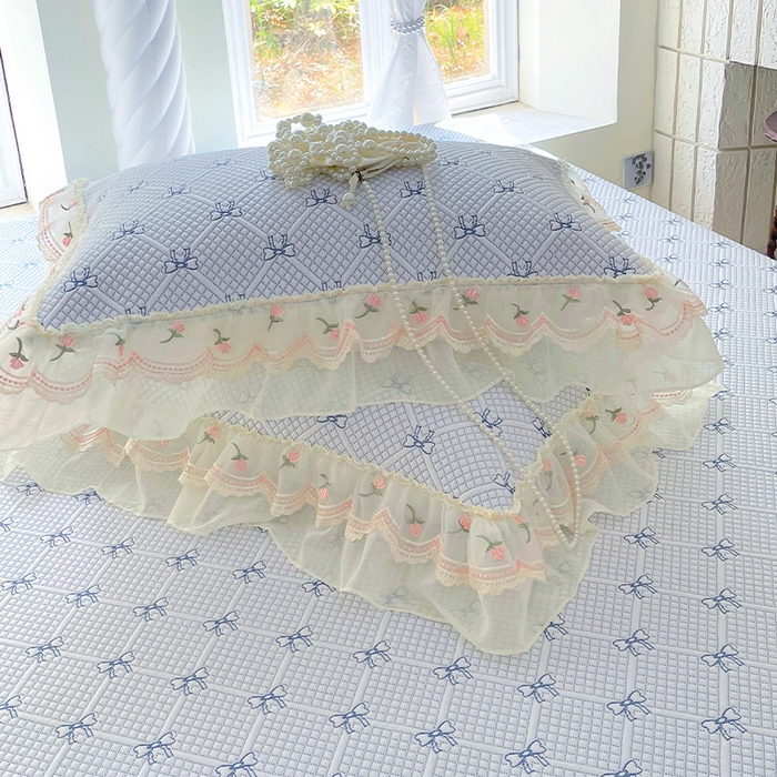 91家纺网 家纺一手货源 找家纺 罗艺轩 2025新款PE中分子凉感软凉席席子床裙款 蝴蝶结-天空蓝