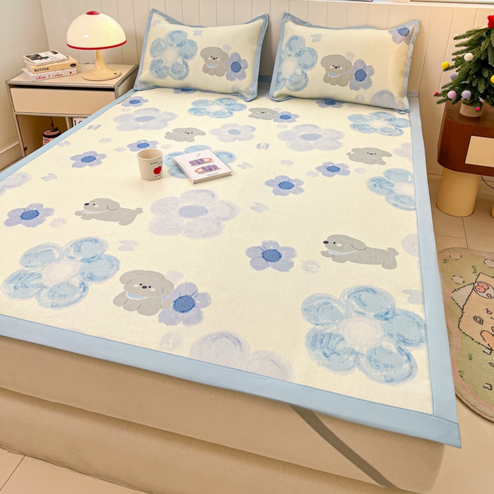 91家纺网 家纺一手货源 找家纺 （总）安哆啦家纺 2025新款A类小清新卡通高品质冰藤印花凉席床笠床席款