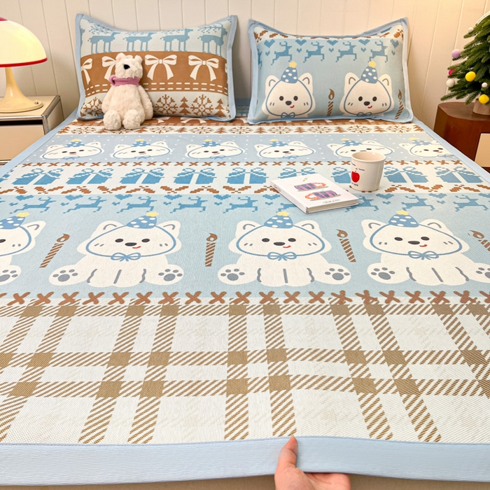 91家纺网 家纺一手货源 找家纺 （总）安哆啦家纺 2025新款A类小清新卡通高品质冰藤印花凉席床笠床席款