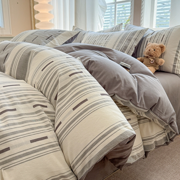 91家纺网 家纺一手货源 找家纺 米可2025春夏新款A类色织华夫格提花全棉四件套 本色-灰