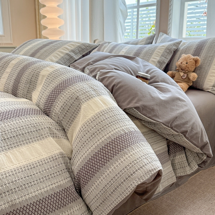 91家纺网 家纺一手货源 找家纺 米可2025春夏新款A类色织华夫格提花全棉四件套 沐言-灰