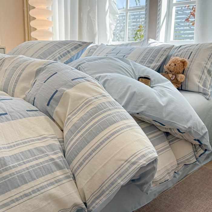 91家纺网 家纺一手货源 找家纺 米可2025春夏新款A类色织华夫格提花全棉四件套 本色-蓝