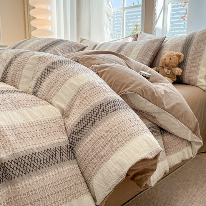 91家纺网 家纺一手货源 找家纺 米可2025春夏新款A类色织华夫格提花全棉四件套 沐言-咖