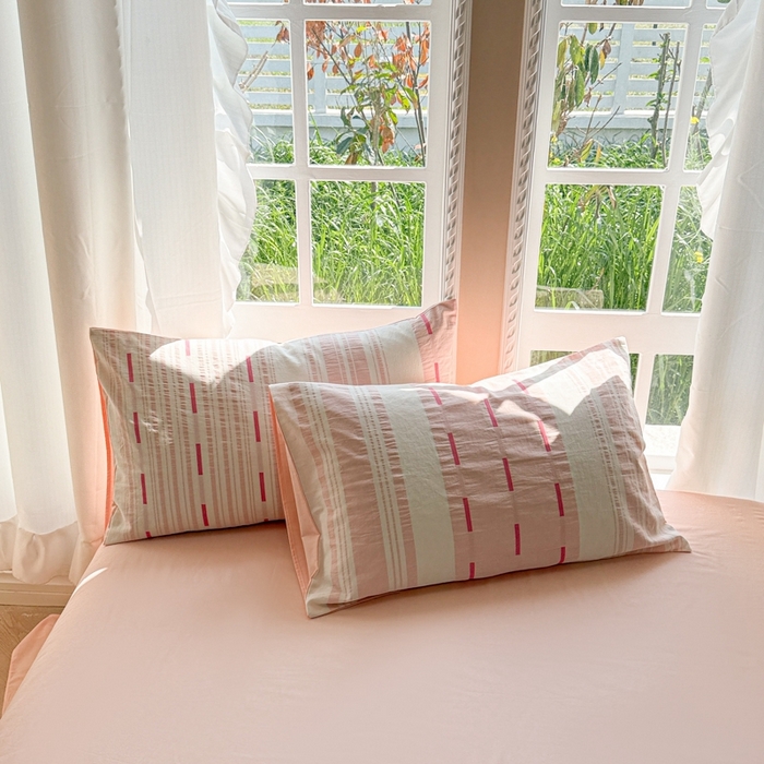 91家纺网 家纺一手货源 找家纺 米可2025春夏新款A类色织华夫格提花全棉四件套 本色-粉