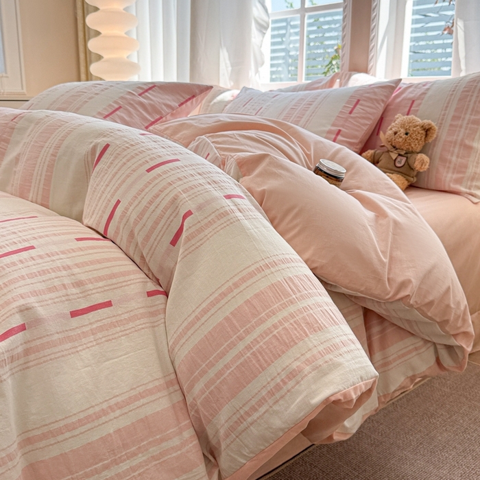 米可2025春夏新款A类色织华夫格提花全棉四件套 本色-粉