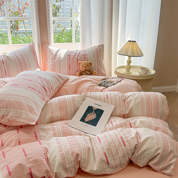 91家纺网 家纺一手货源 找家纺 米可2025春夏新款A类色织华夫格提花全棉四件套 本色-粉