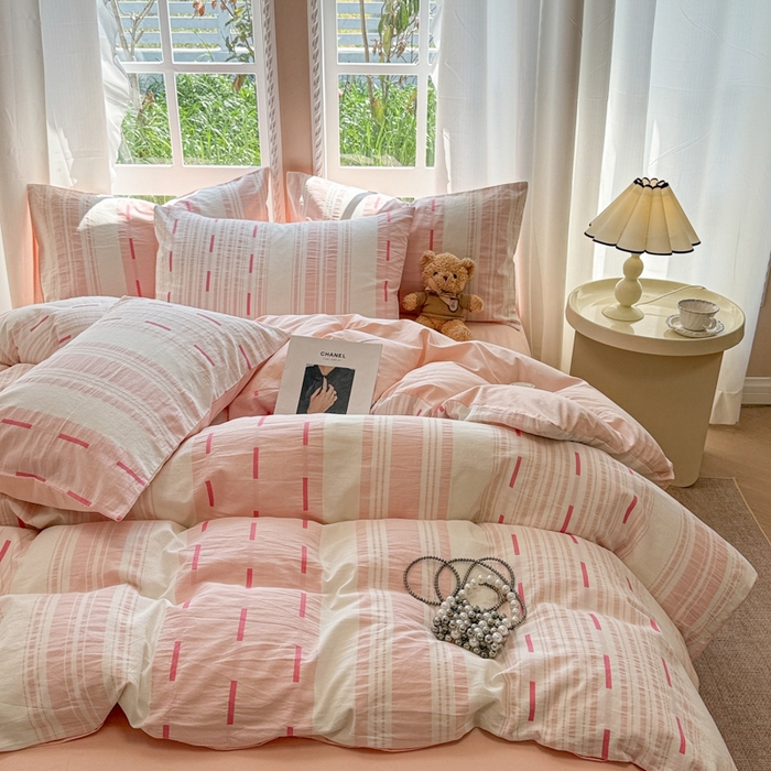 91家纺网 家纺一手货源 找家纺 米可2025春夏新款A类色织华夫格提花全棉四件套 本色-粉