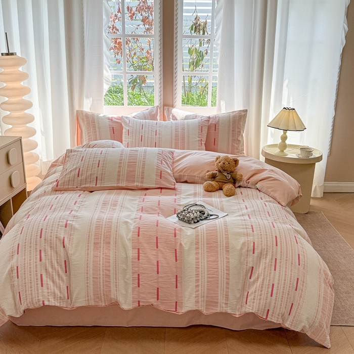 91家纺网 家纺一手货源 找家纺 米可2025春夏新款A类色织华夫格提花全棉四件套 本色-粉