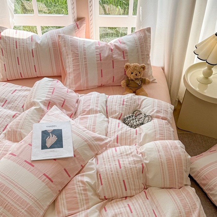 91家纺网 家纺一手货源 找家纺 米可2025春夏新款A类色织华夫格提花全棉四件套 本色-粉