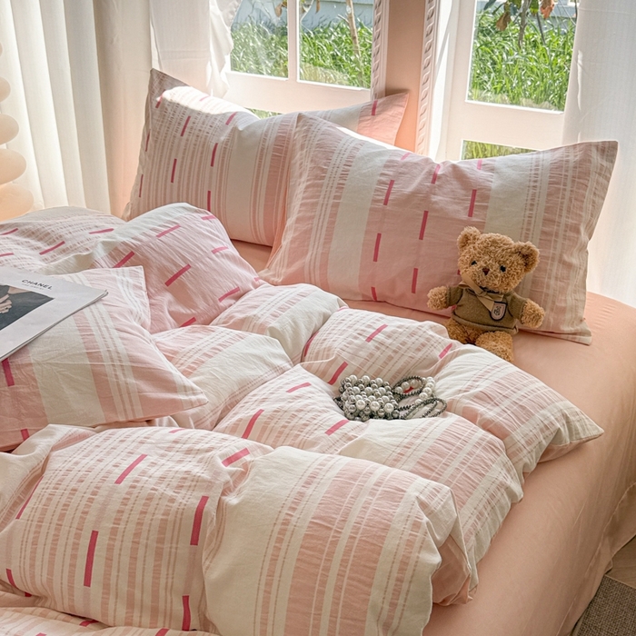 91家纺网 家纺一手货源 找家纺 米可2025春夏新款A类色织华夫格提花全棉四件套 本色-粉