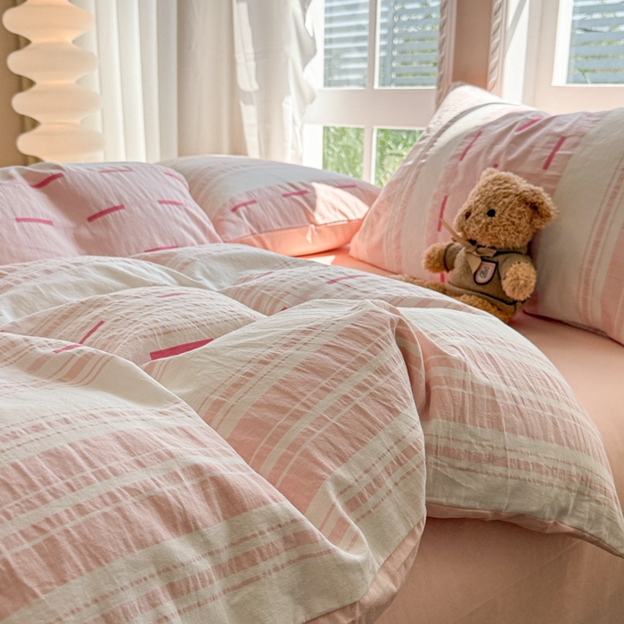 91家纺网 家纺一手货源 找家纺 米可2025春夏新款A类色织华夫格提花全棉四件套 本色-粉