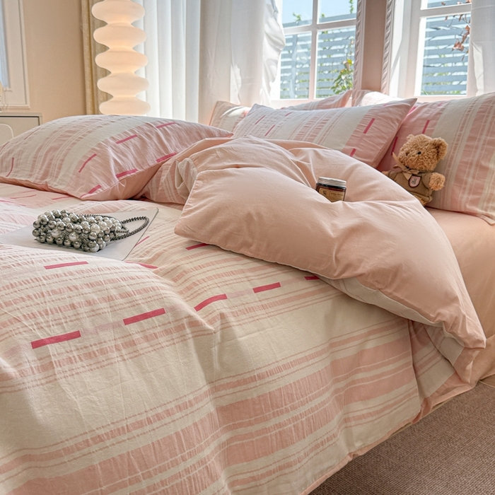 91家纺网 家纺一手货源 找家纺 米可2025春夏新款A类色织华夫格提花全棉四件套 本色-粉