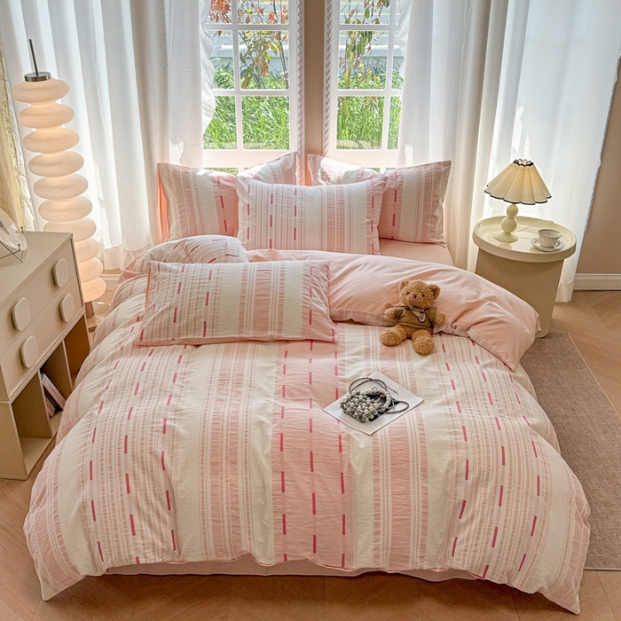 91家纺网 家纺一手货源 找家纺 米可2025春夏新款A类色织华夫格提花全棉四件套 本色-粉