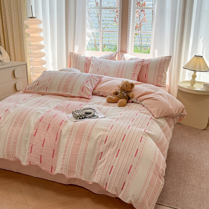 91家纺网 家纺一手货源 找家纺 米可2025春夏新款A类色织华夫格提花全棉四件套 本色-粉