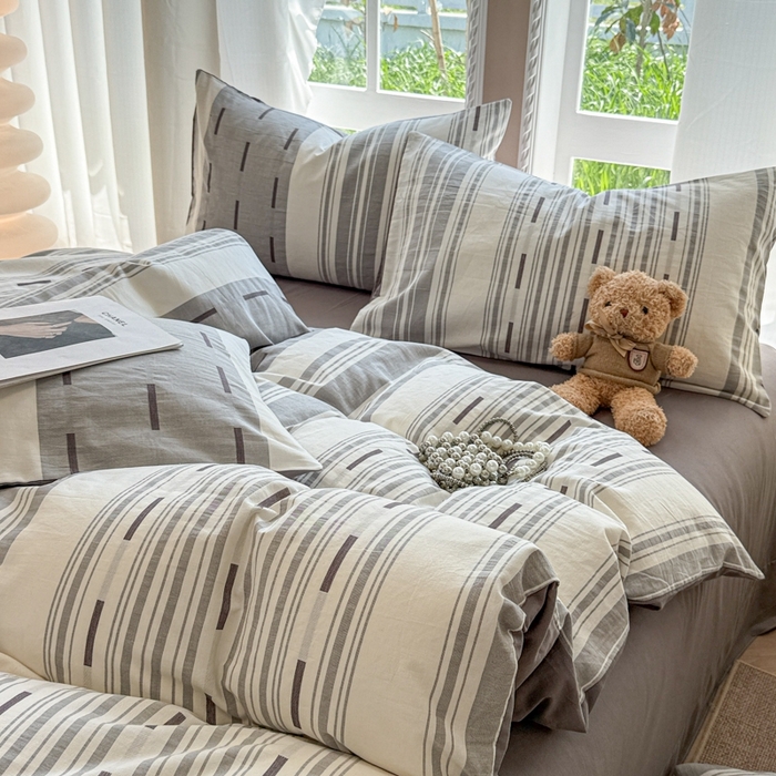 91家纺网 家纺一手货源 找家纺 米可2025春夏新款A类色织华夫格提花全棉四件套 本色-灰