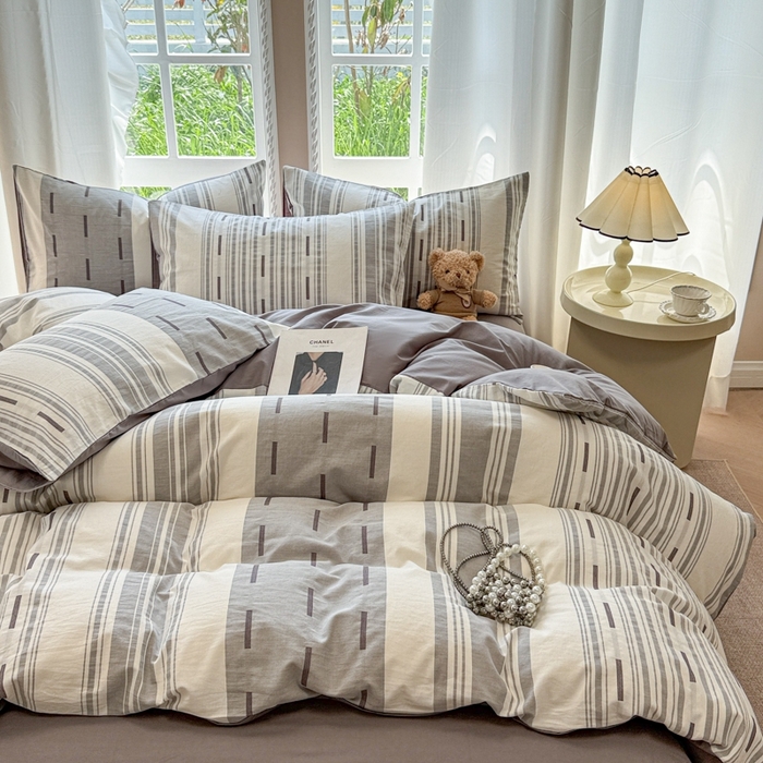 91家纺网 家纺一手货源 找家纺 米可2025春夏新款A类色织华夫格提花全棉四件套 本色-灰