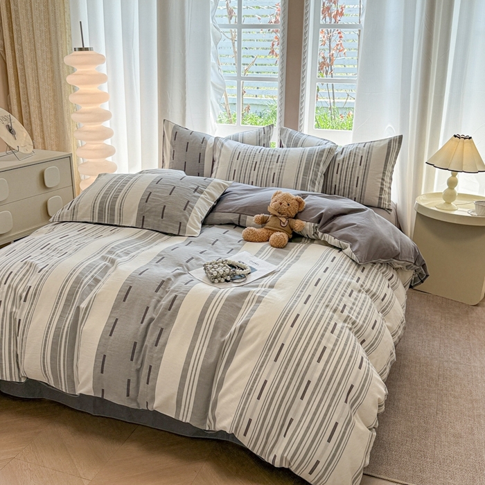 91家纺网 家纺一手货源 找家纺 米可2025春夏新款A类色织华夫格提花全棉四件套 本色-灰