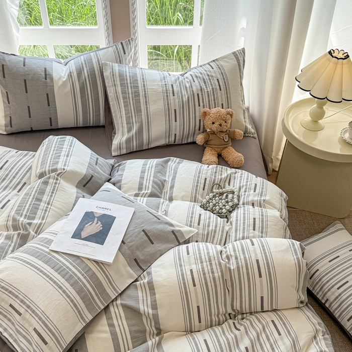 91家纺网 家纺一手货源 找家纺 米可2025春夏新款A类色织华夫格提花全棉四件套 本色-灰