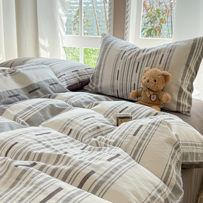 91家纺网 家纺一手货源 找家纺 米可2025春夏新款A类色织华夫格提花全棉四件套 本色-灰