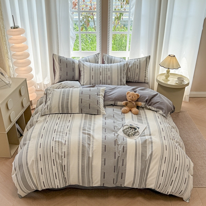 91家纺网 家纺一手货源 找家纺 米可2025春夏新款A类色织华夫格提花全棉四件套 本色-灰