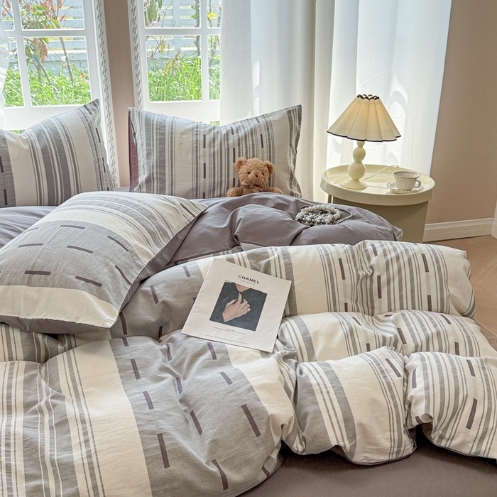 91家纺网 家纺一手货源 找家纺 米可2025春夏新款A类色织华夫格提花全棉四件套 本色-灰