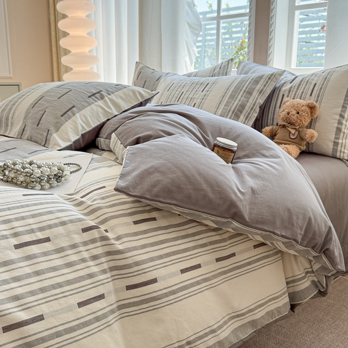 91家纺网 家纺一手货源 找家纺 米可2025春夏新款A类色织华夫格提花全棉四件套 本色-灰