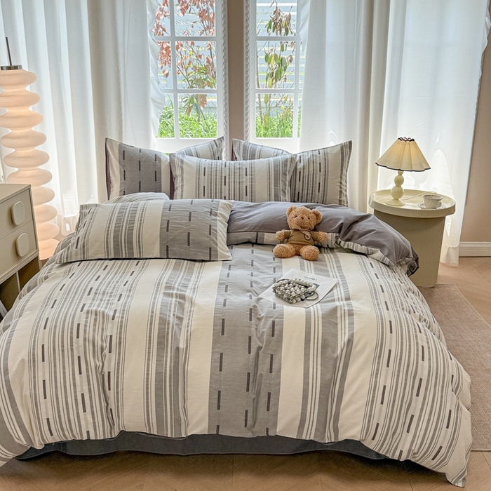 91家纺网 家纺一手货源 找家纺 米可2025春夏新款A类色织华夫格提花全棉四件套 本色-灰