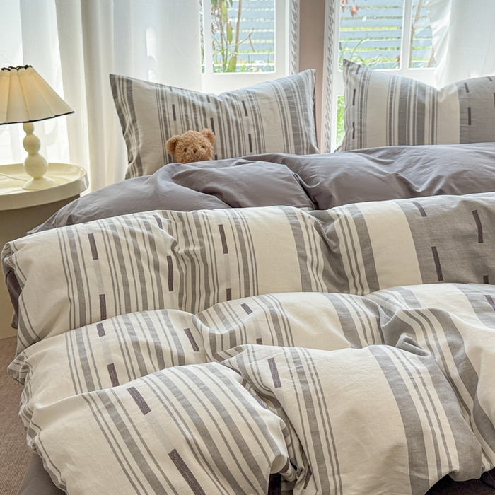 91家纺网 家纺一手货源 找家纺 米可2025春夏新款A类色织华夫格提花全棉四件套 本色-灰