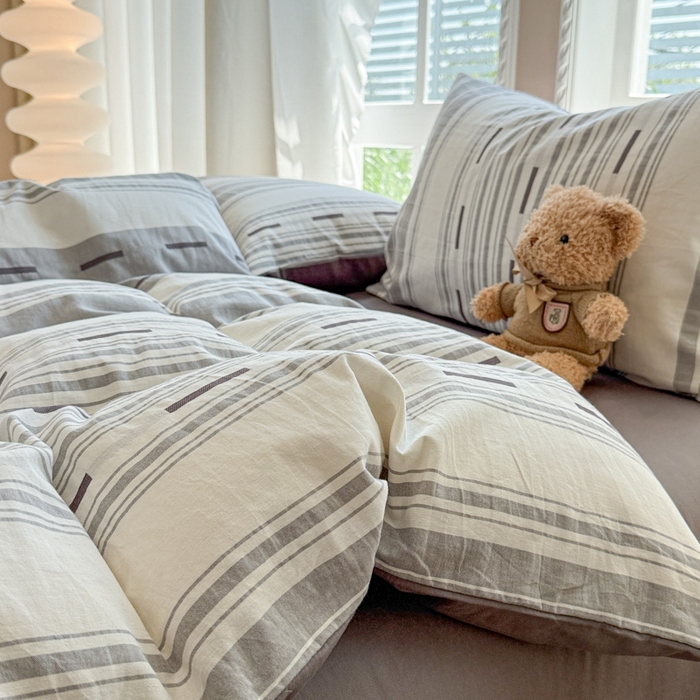 91家纺网 家纺一手货源 找家纺 米可2025春夏新款A类色织华夫格提花全棉四件套 本色-灰