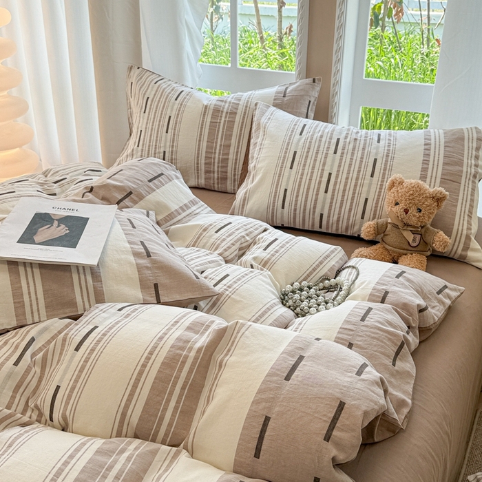 91家纺网 家纺一手货源 找家纺 米可2025春夏新款A类色织华夫格提花全棉四件套 本色咖