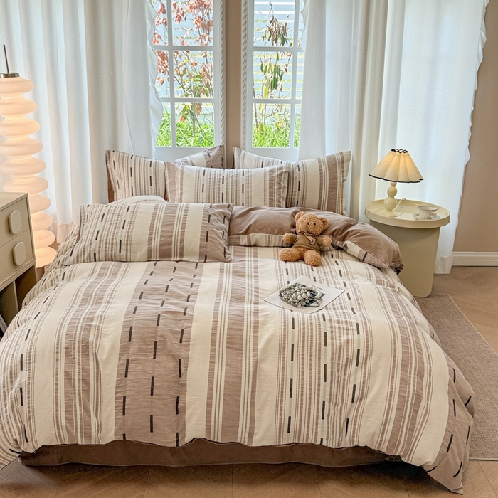 91家纺网 家纺一手货源 找家纺 米可2025春夏新款A类色织华夫格提花全棉四件套 本色咖