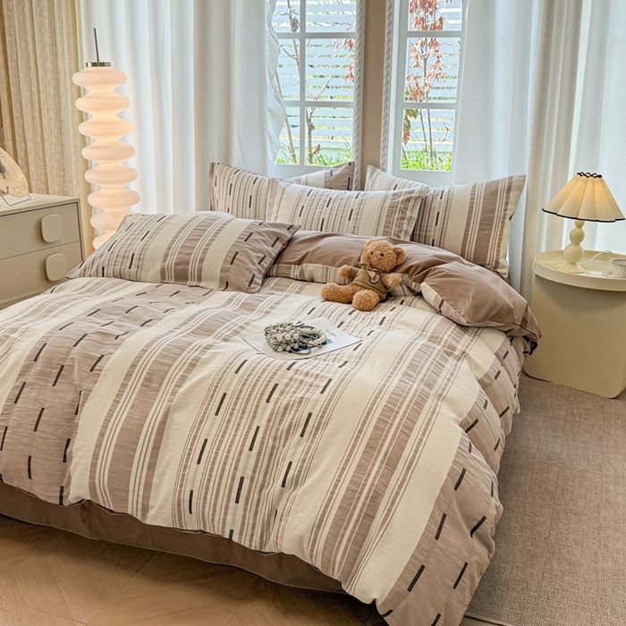 91家纺网 家纺一手货源 找家纺 米可2025春夏新款A类色织华夫格提花全棉四件套 本色咖