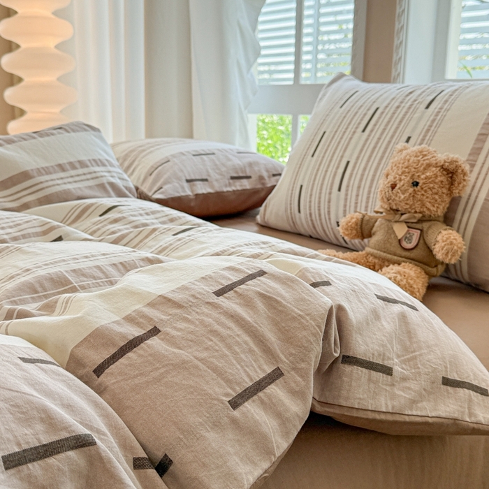 91家纺网 家纺一手货源 找家纺 米可2025春夏新款A类色织华夫格提花全棉四件套 本色咖