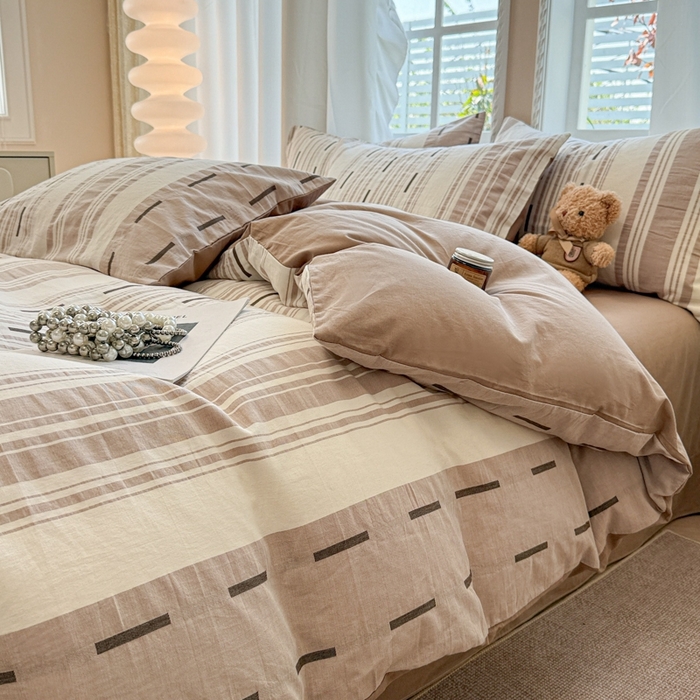 91家纺网 家纺一手货源 找家纺 米可2025春夏新款A类色织华夫格提花全棉四件套 本色咖