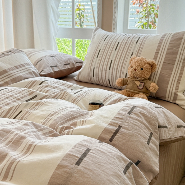 91家纺网 家纺一手货源 找家纺 米可2025春夏新款A类色织华夫格提花全棉四件套 本色咖