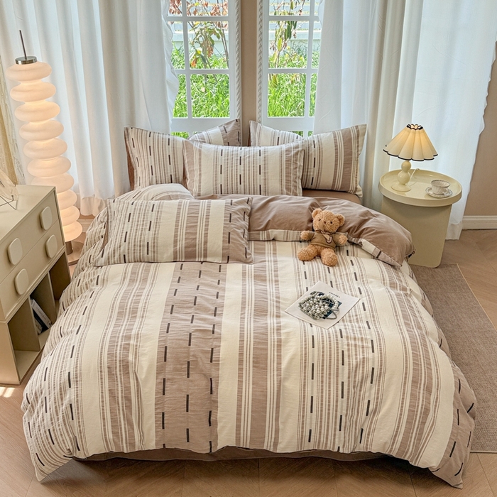 91家纺网 家纺一手货源 找家纺 米可2025春夏新款A类色织华夫格提花全棉四件套 本色咖