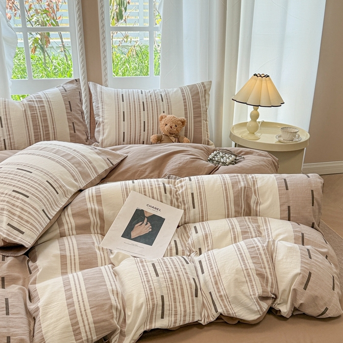 91家纺网 家纺一手货源 找家纺 米可2025春夏新款A类色织华夫格提花全棉四件套 本色咖